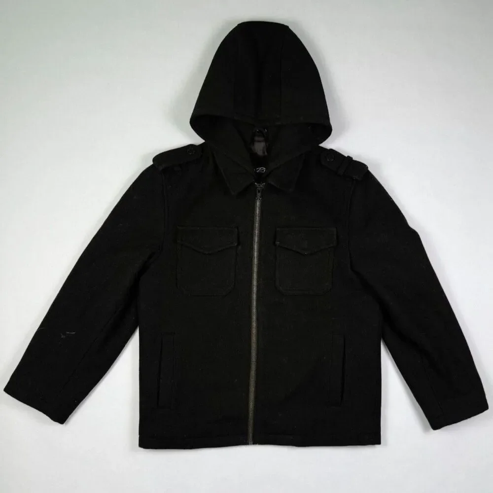 Black Rivet Boys Black Wool-Blend Hooded Jacket Full-Zip 17.5
